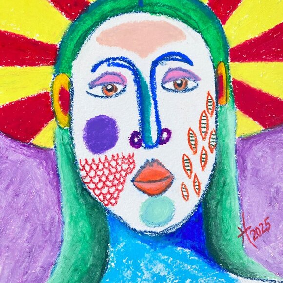 Halo Portrait Original Colorful Oil Pastel Drawing Wall Art 11x14in Matted - Picture 7 of 7
